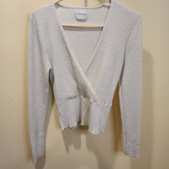 Pink Rose Gray Silver Glitter Long Steeves V Neck Wrap top size L - Picture 6 of 13